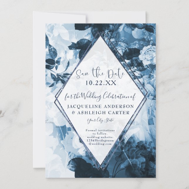 Save The Date Chinoiserie géométrique Script floral bleu et blan (Devant)