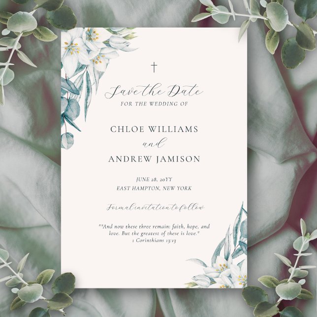 Save The Date Chloe Simple Elegant Vert Mariage chrétien (This Christian save the date wedding invitation features an elegant, minimalist, clean design)