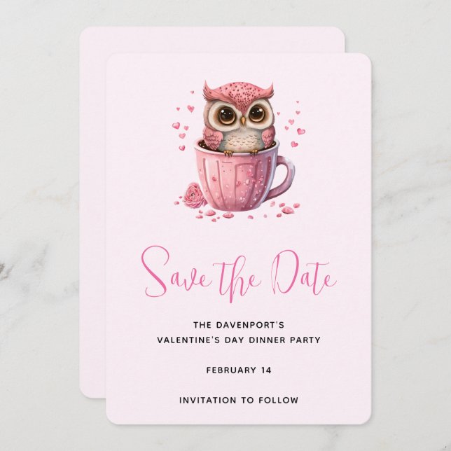 Save The Date Chouette rose mignonne à la fête de la Saint-Valen (Devant / Derrière)