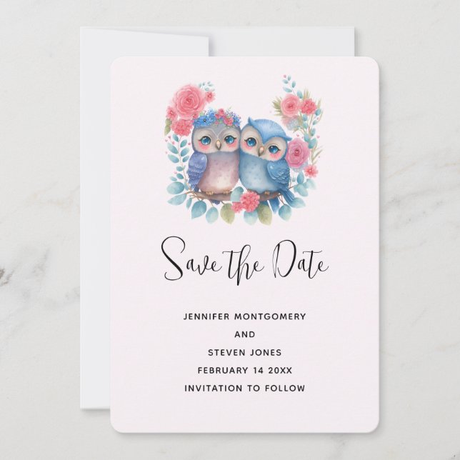 Save The Date Chouettes amoureuses Assis sur une branche d'arbre (Devant)