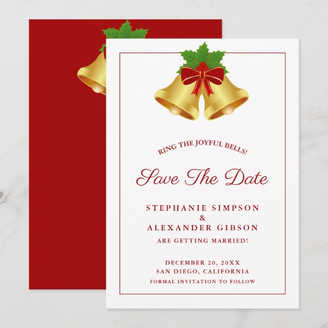 Save The Date Christmas Bells Red Berries Mariage de vacances (Devant / Derrière)
