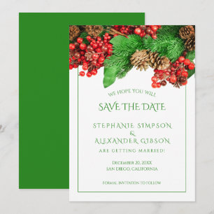 Save The Date Christmas Greenery Red Berries Mariage de vacances