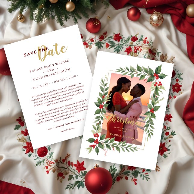 Save The Date Christmas Photo Wedding Leaves & Red Berries (Decorative Christmas Photo Frame with Green Leaves & Red Berries Christmas Card.)
