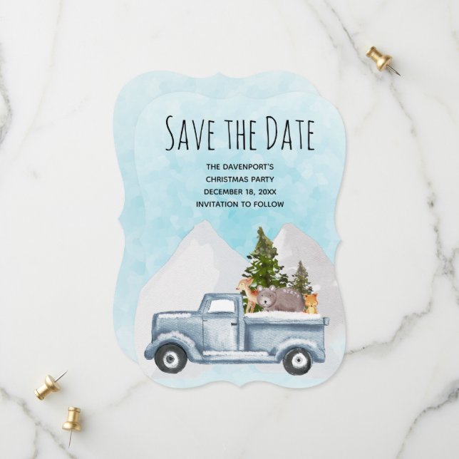 Save The Date Christmas Truck Carrying Trees & Animals (Devant/Arrière en situation)