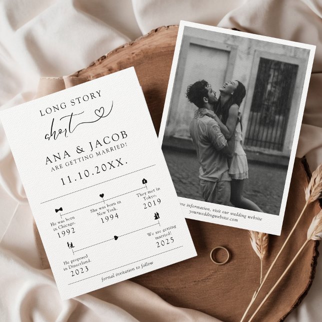 Save The Date Chronologie de la relation courte longue histoire  (Long Story Short Minimalist Relationship Timeline Infographic Save the Date with Photo Elegant)