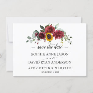 Save The Date Chute Burgundy Tournesols Mariage Calligraphie
