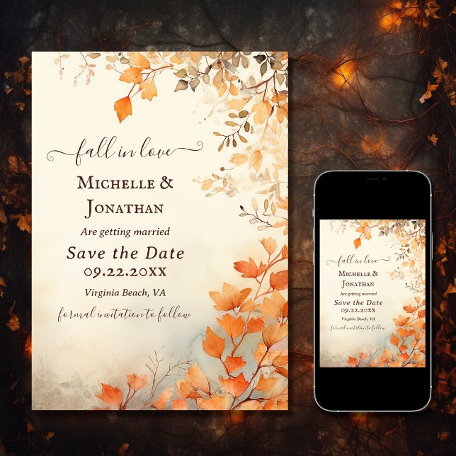 Save The Date Chute en amour Belle automne Feuilles Mariage de a (Printed and Digital - Fall in Love Beautiful Autumn Leaves Fall Wedding Save The Date)