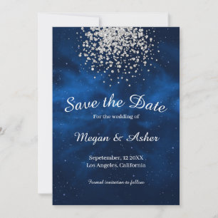 Save The Date Ciel de nuit bleu Galaxy avec Confetti argenté