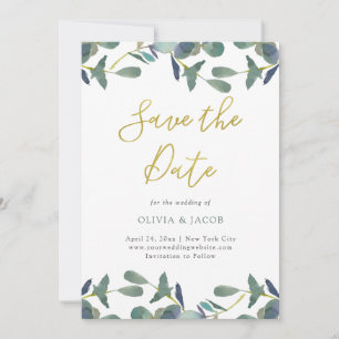 Save The Date Cimier d'Eucalyptus Feuilles verts et or Faux