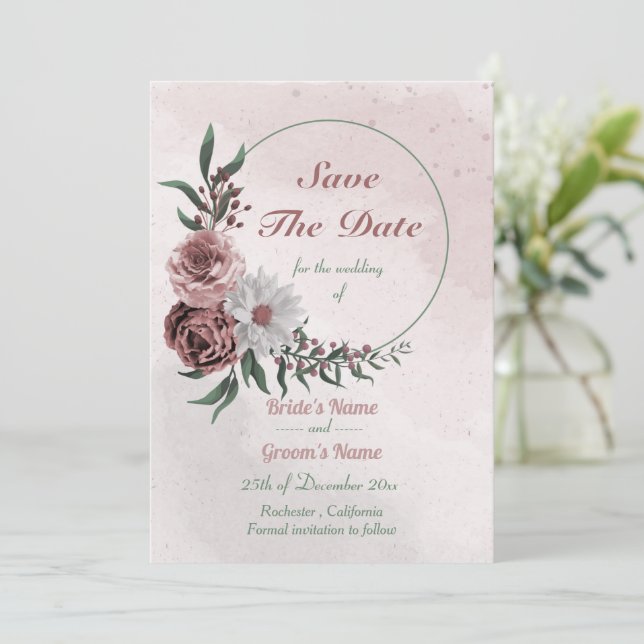 Save The Date cinnamon rose blanc fleuri couronne (Debout devant)