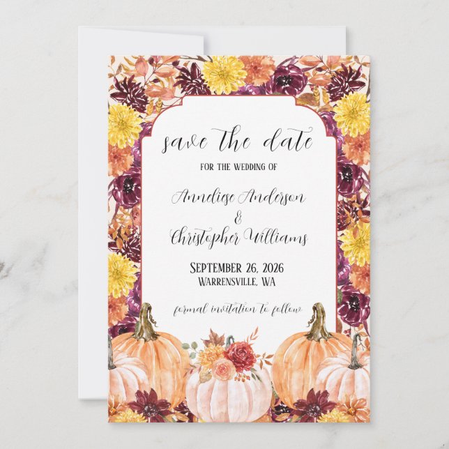 Save The Date Citrouille Florale Aquarelle d'Automne Rustique (Devant)