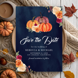 Save The Date Citrouille Florale Orange Brûlée Mariage Navy