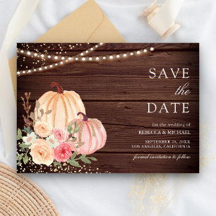 Save The Date Citrouille rose Pêche Floral Grange Mariage bois