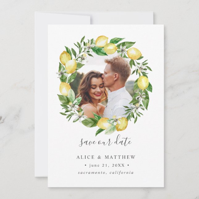 Save The Date Citrus citron couronne photo mariage enregistrer l (Devant)