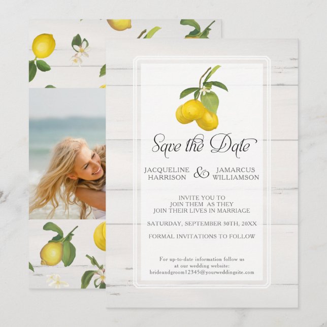 Save The Date Citrus citron floral gris jaune feuillage photo (Devant / Derrière)