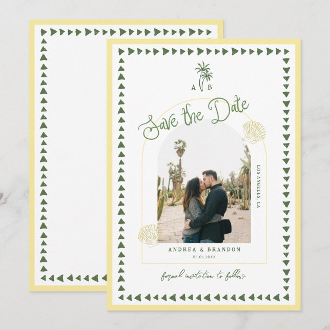 Save The Date Citrus Yellow Coastal Palm Tree Seashell Wedding (Devant / Derrière)