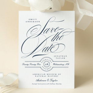 Save The Date Clair Élégant Calligraphie Marine Bleu Non-Photo