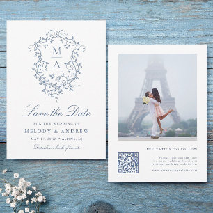 Save The Date Classé Français Bleu Floral Crest Mariage Photo