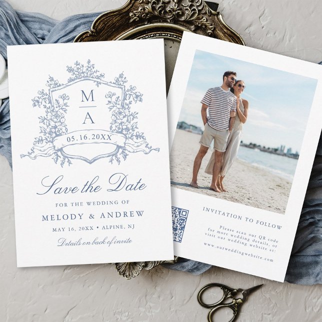 Save The Date Classic Bloom Garden Dusty Blue Mariage Photo (Front & Back)