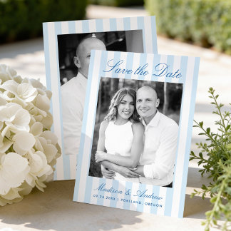 Save The Date Classic Blue Stripes Photo Wedding
