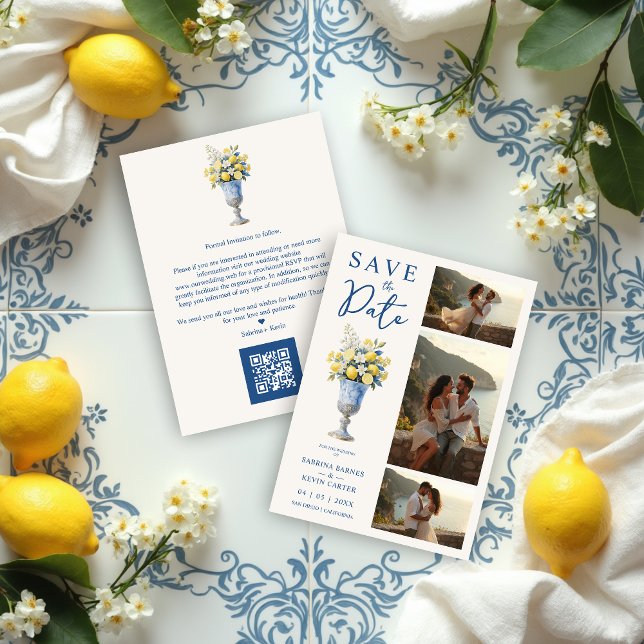 Save The Date Classic Chalice Vase Mediterranean Lemons Flowers (Classic Chalice Vase with Mediterranean Lemons and Flowers 3-Photo Wedding Save the Date Cards.)