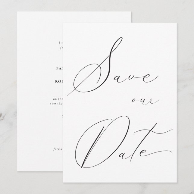 Save The Date Classic Elegant Calligraphie Noir Blanc Mariage (Devant / Derrière)