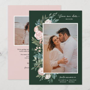 Save The Date Classic Elegant Peint Floral 2 Photo   Vert