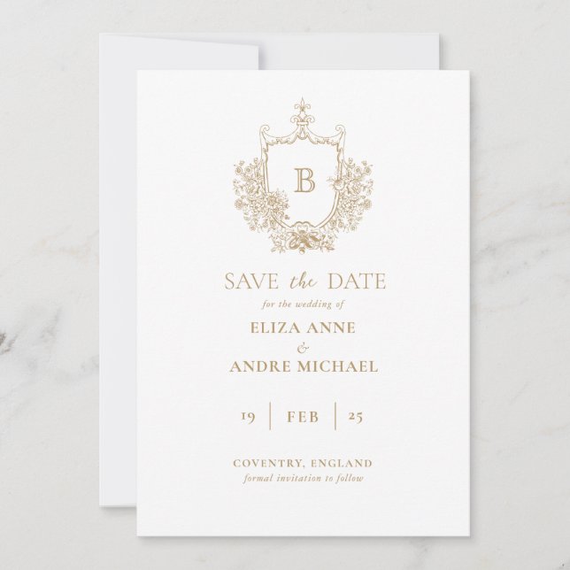 Save The Date Classic Luxe Or et Monogramme Blanc Enregistrer la (Devant)