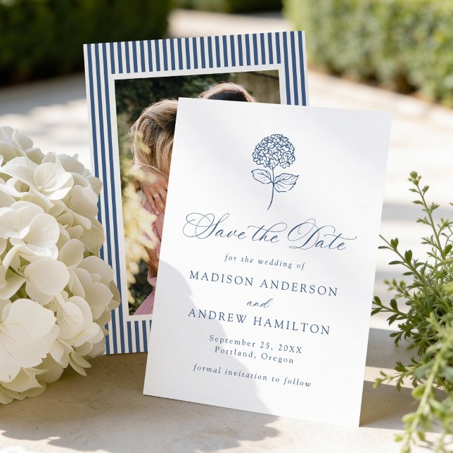 Save The Date Classic Navy Hydrangea Photo Wedding (Créateur téléchargé)