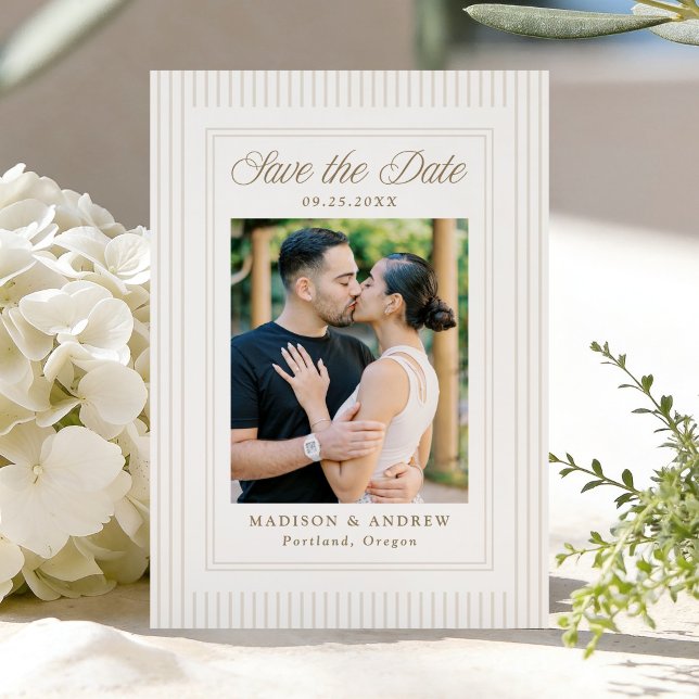 Save The Date Classic Neutral Stripes Photo Wedding (Créateur téléchargé)