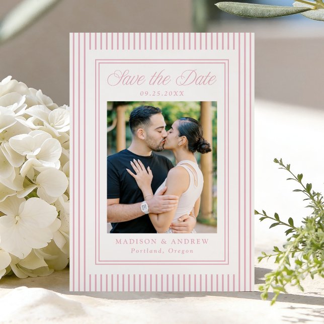 Save The Date Classic Pink Stripes Photo Wedding (Créateur téléchargé)