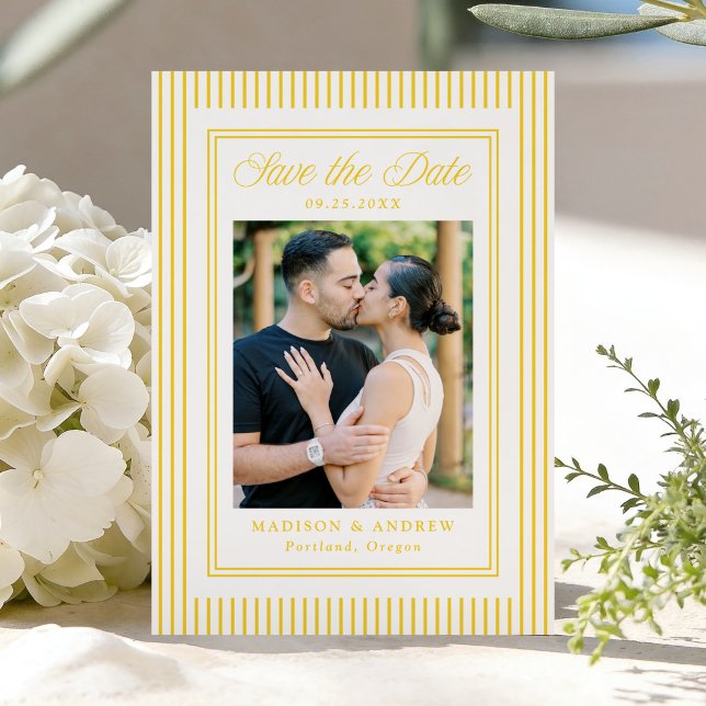 Save The Date Classic Yellow Stripes Photo Wedding (Créateur téléchargé)