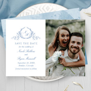 Save The Date Classique, Photo Bleu Monogramme Mariage Enregistr