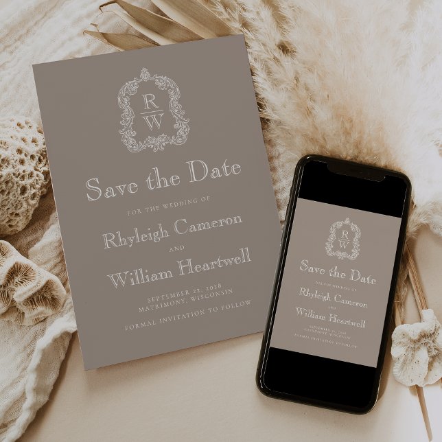 Save The Date Classique Taupe Blason de monogramme en script (Créateur téléchargé)