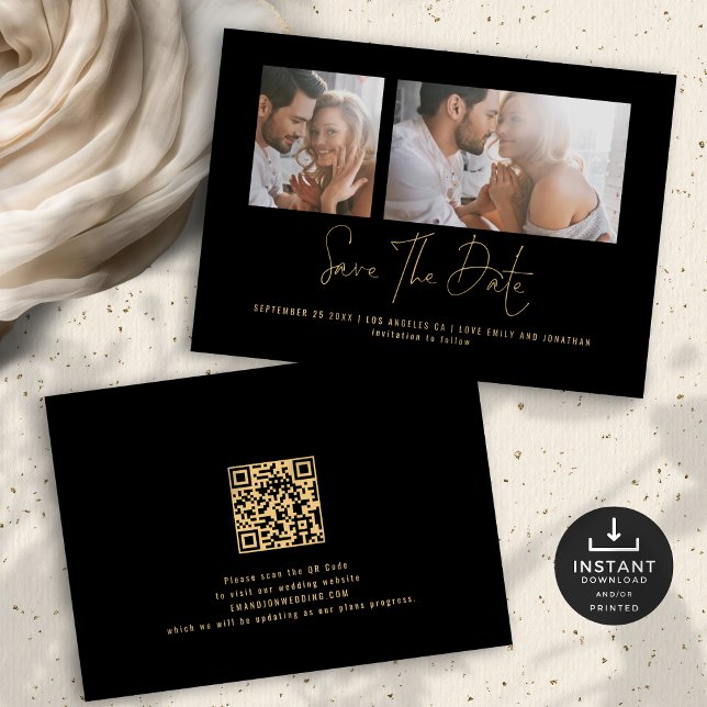 Save The Date Classy 2 Photos Gold Black Mariage (Front and back view)