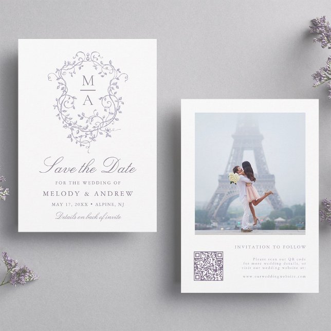 Save The Date Classy French Lavender Floral Crest Wedding Photo (Créateur téléchargé)