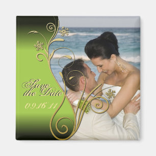 Save the Date Classy Green & Gold Floral Magnet
