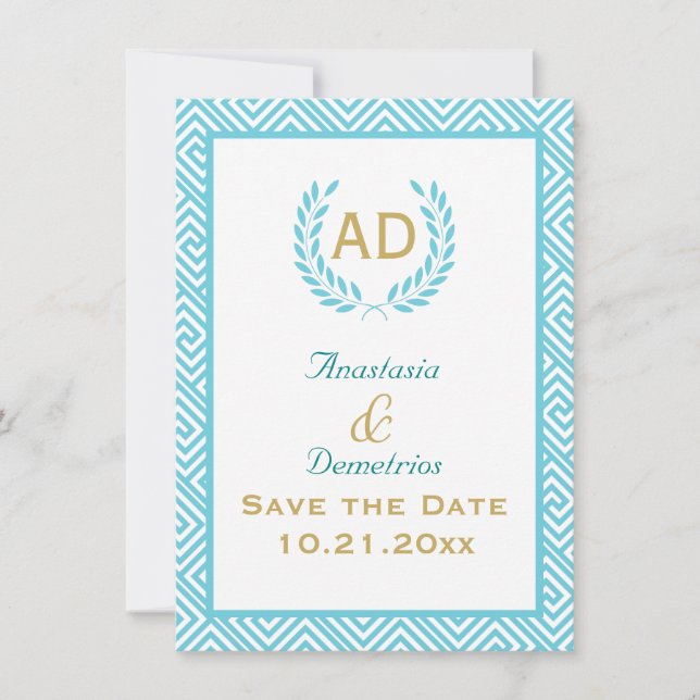 Save The Date Clé grecque et couronne de laurier Demande turquoi (Devant)