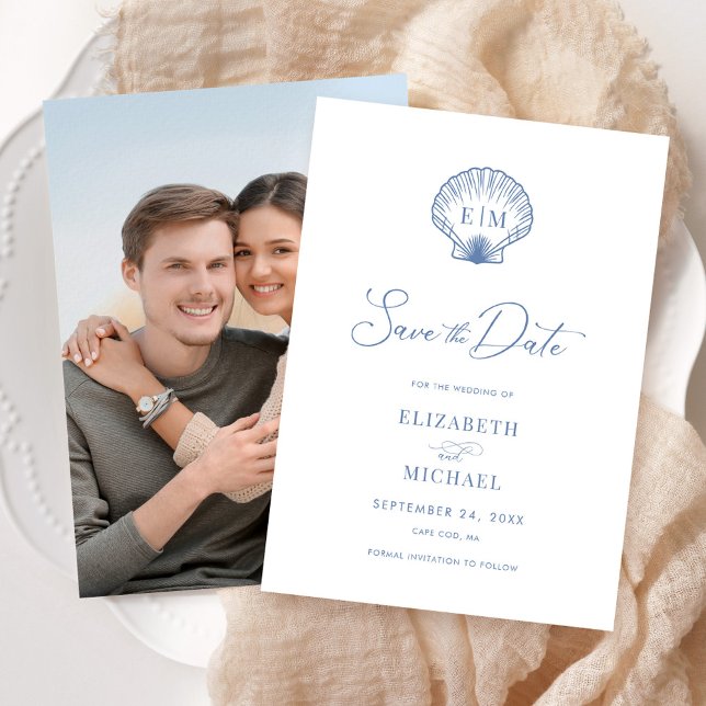 Save The Date Coastal Blue Beach Shell Mariage Monogramme (Créateur téléchargé)