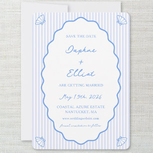 Save The Date Coastal Chic Bleu & Blanc Striped Wavy Mariage