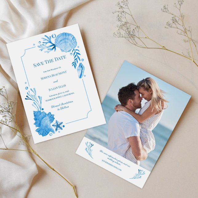 Save The Date Coastal Chic Seaside Blue Seashells & Starfish (Coastal Chic Seaside Blue Seashells & Starfish Save The Date)
