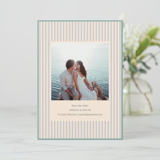Save The Date Coastal Sage Stripes Photo Stylish Trendy Wedding (Debout devant)