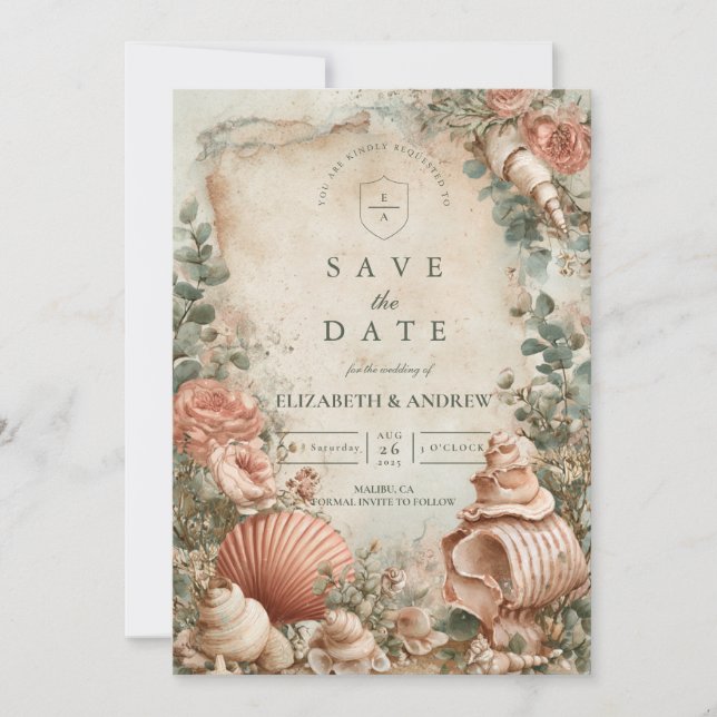 Save The Date Coastal Seashell Botanical Elegance (Devant)