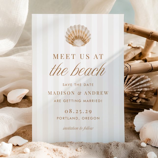 Save The Date Coastal Stripes Shell Beach Wedding (Créateur téléchargé)