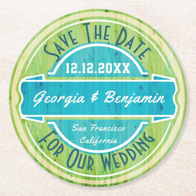 Save The Date Coaster - Vintage Wood Grain Look (Front)