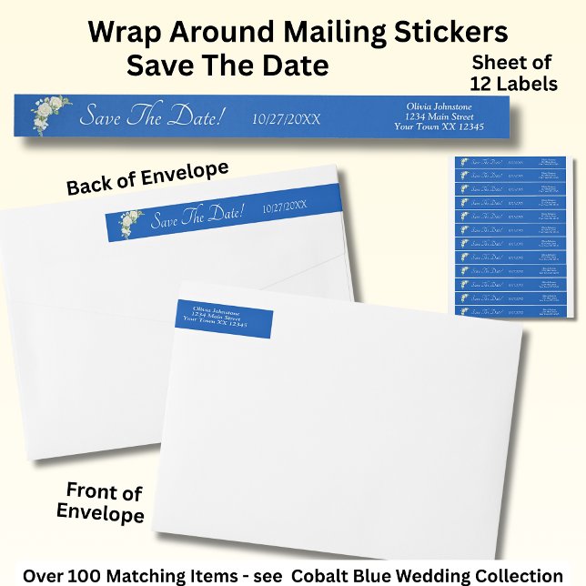 Save The Date, Cobalt Blue & White Roses Wedding Wrap Around Label (Creator Uploaded)