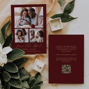 Save The Date Code QR Collage 3 Photos Minimal Burgundy Or