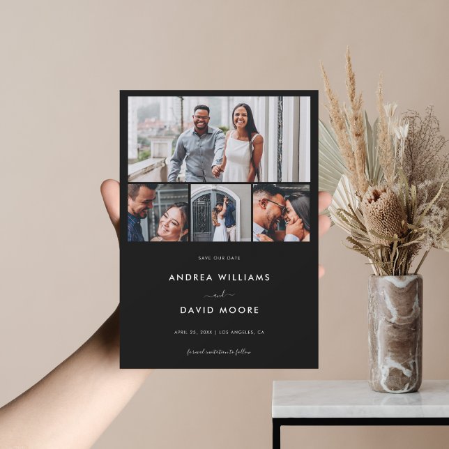 Save The Date Code QR Collage Photo 4 Moderne Mariage Noir (Créateur téléchargé)