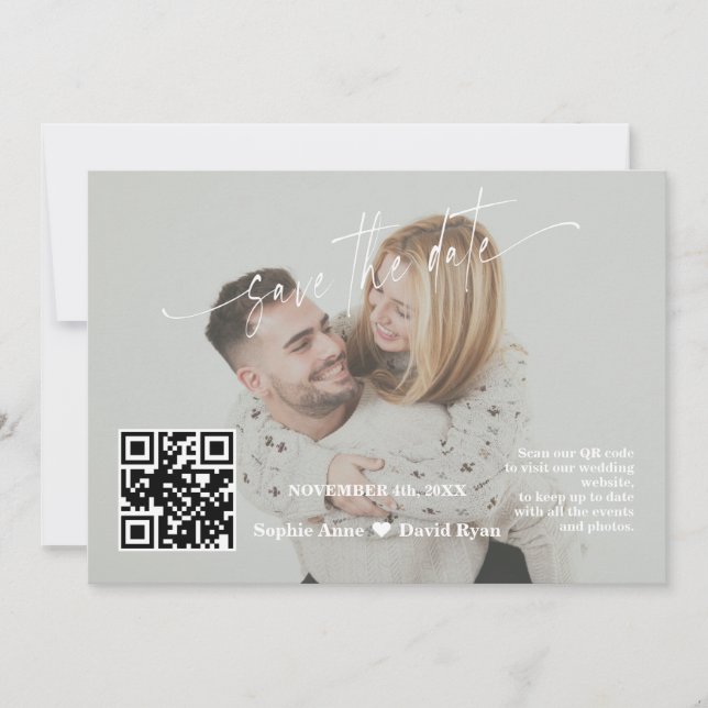 Save The Date Code QR de calligraphie vert sauge Photo de mariag (Devant)
