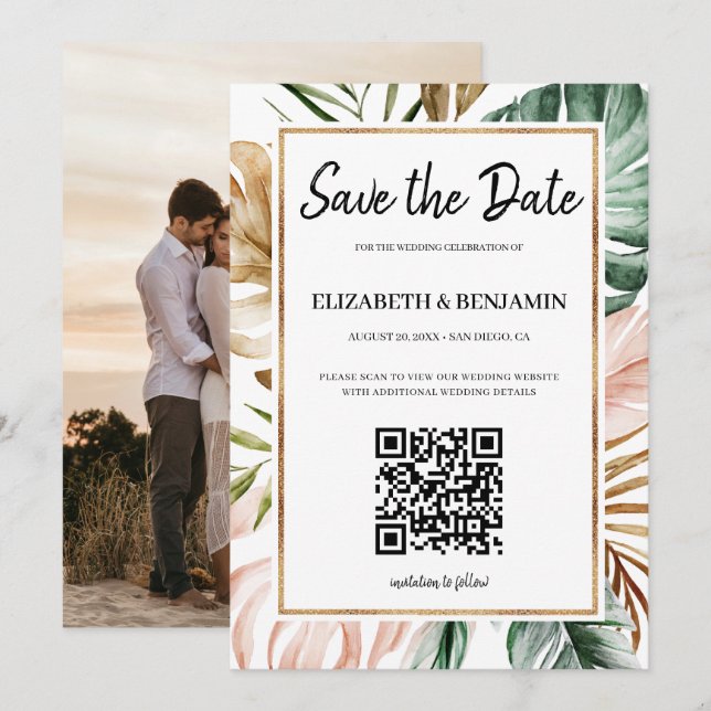 Save The Date Code QR de feuilles tropicales d'été Photo Enregis (Devant / Derrière)